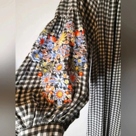 CASLON Nordstrom Wmn's black white gingham embroidered bubble sleeves dress, 1X - Picture 3 of 11